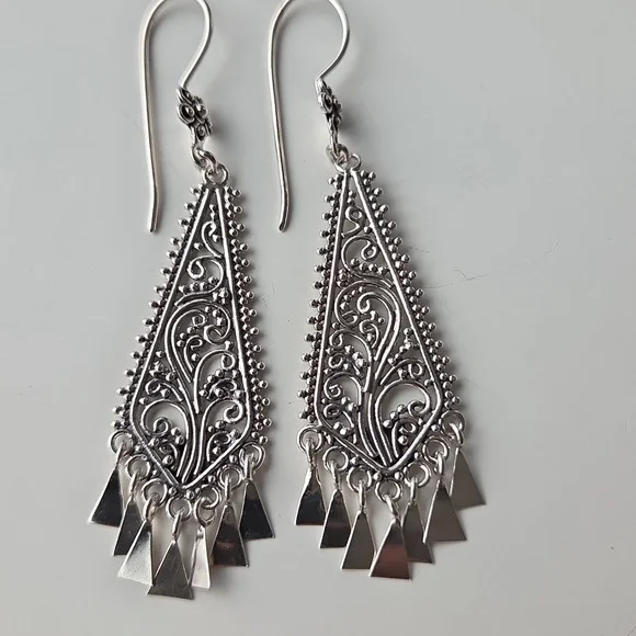 Vintage 925 Sterling Silver Filigree Dangle Earrings Boho Statement Fringe Light - Picture 5 of 8